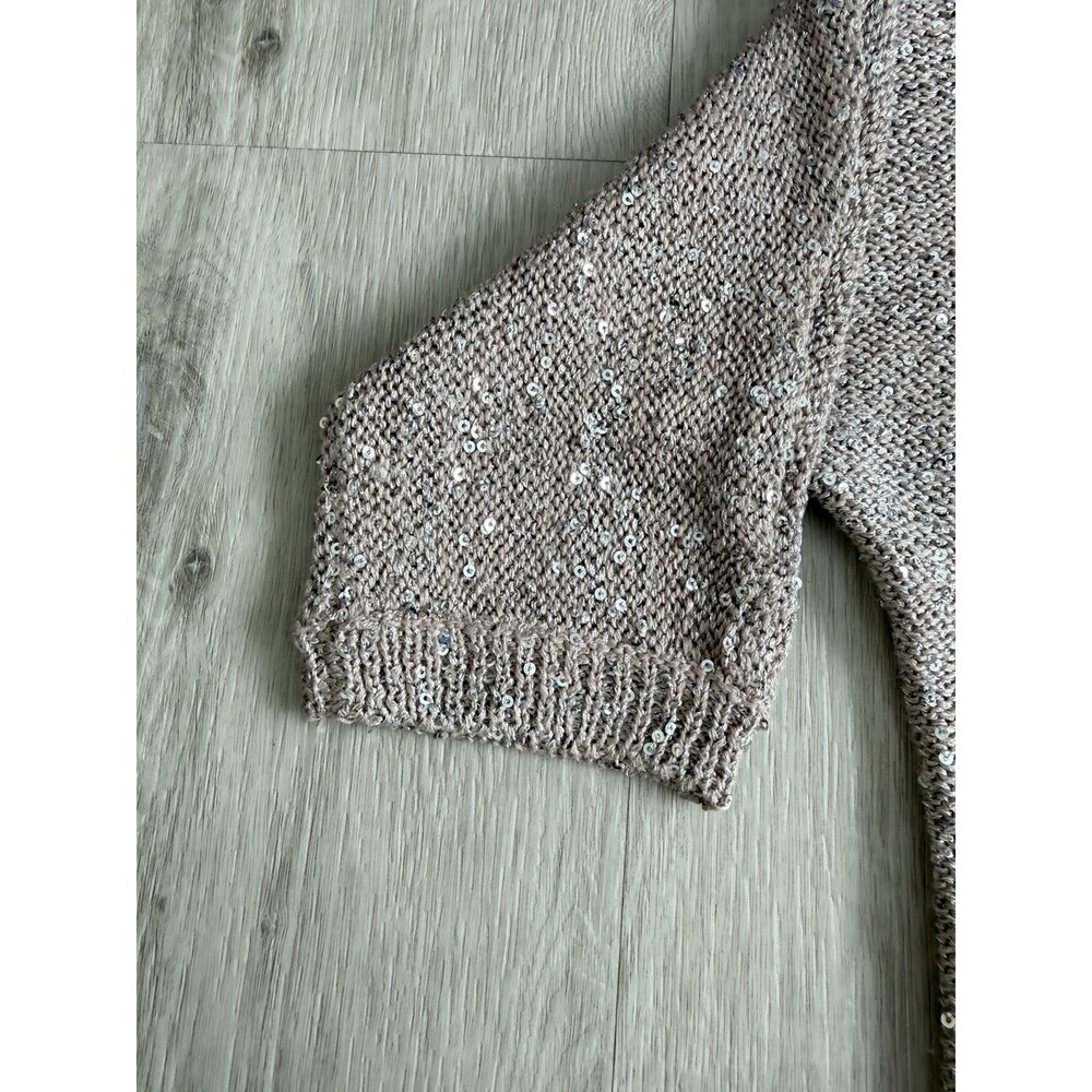 WD NY Sequin Knit V-Neck Sweater Taupe Silver Sparkle Short Sleeve Size Small - Picture 4 of 11
